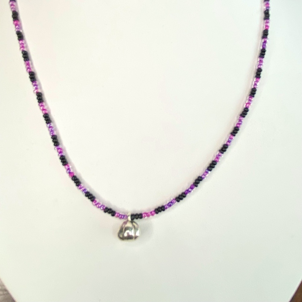 Silver Tone Pumpkin Pendant Black and Purple Colored Beaded Necklace